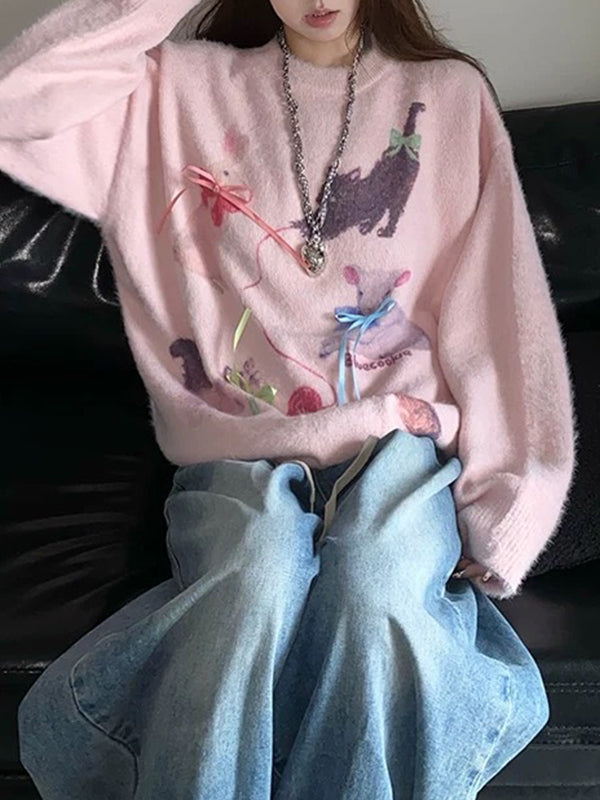 Faux Mink Fur Cartoon Dog Pattern Sweater