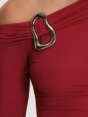 Metal Buckle Slanted Shoulder Long Sleeve