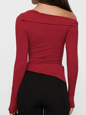 Metal Buckle Slanted Shoulder Long Sleeve