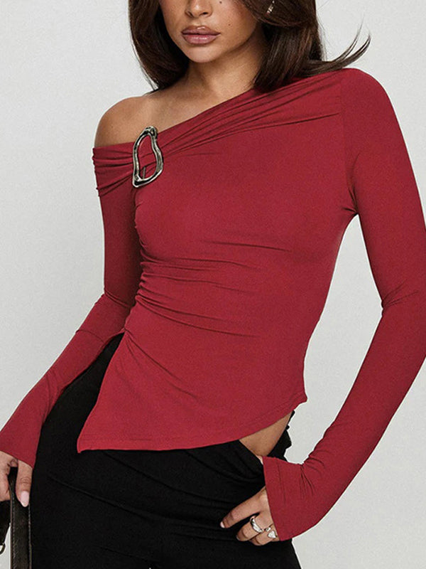 Metal Buckle Slanted Shoulder Long Sleeve