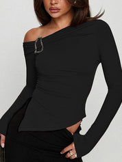 Metal Buckle Slanted Shoulder Long Sleeve