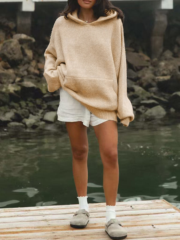 Soft Solid Color Pullover Hooded Knit Sweatshirts