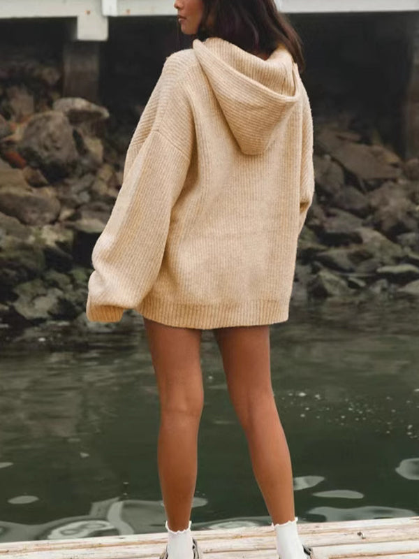 Soft Solid Color Pullover Hooded Knit Sweatshirts