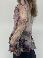 Lace-Trimmed V-Neck Blouse With Bell Long Sleeve