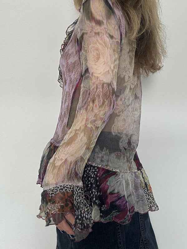 Lace-Trimmed V-Neck Blouse With Bell Long Sleeve