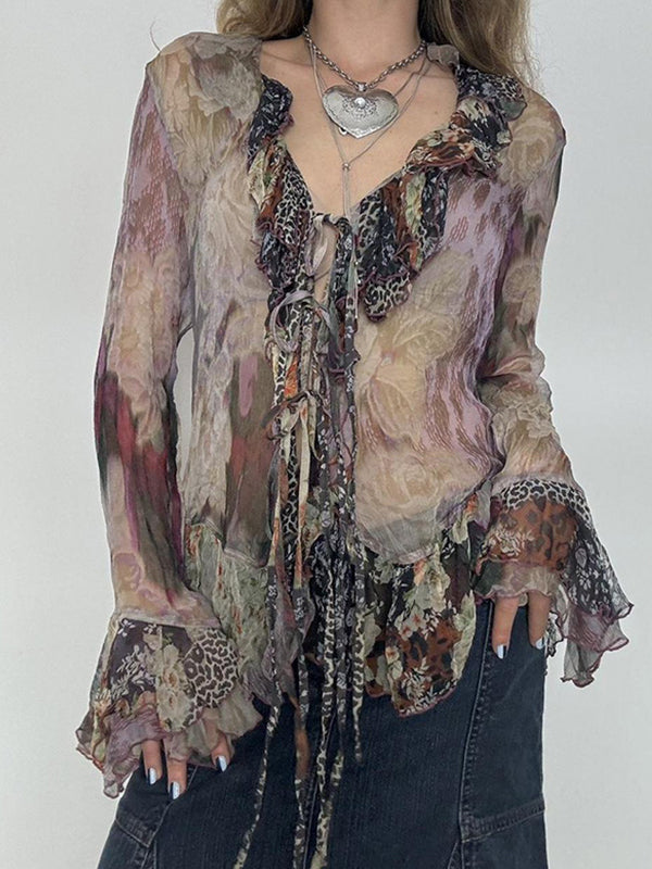 Lace-Trimmed V-Neck Blouse With Bell Long Sleeve
