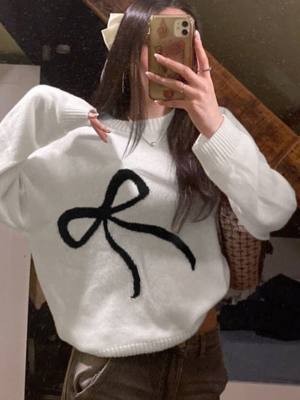 Large Bow Print Pullover Sweater