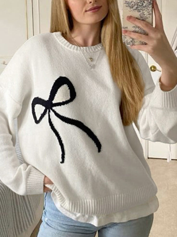 Large Bow Print Pullover Sweater
