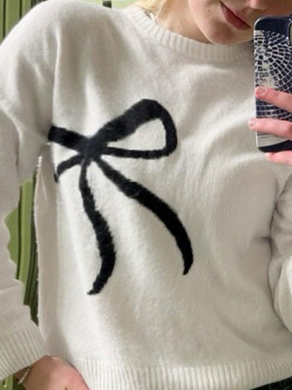Large Bow Print Pullover Sweater