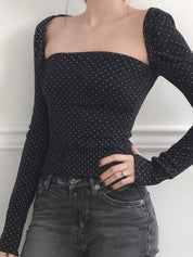Polka Dot Print Fitted Top Long Sleeve