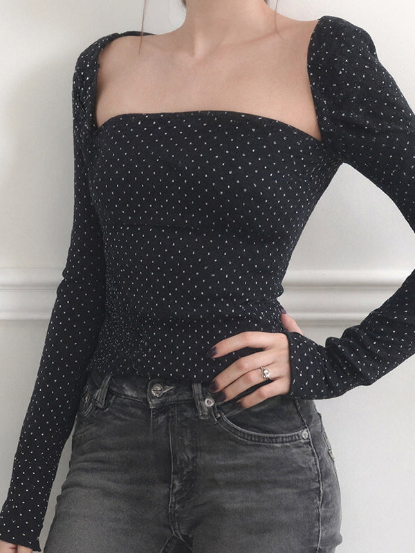 Polka Dot Print Fitted Top Long Sleeve