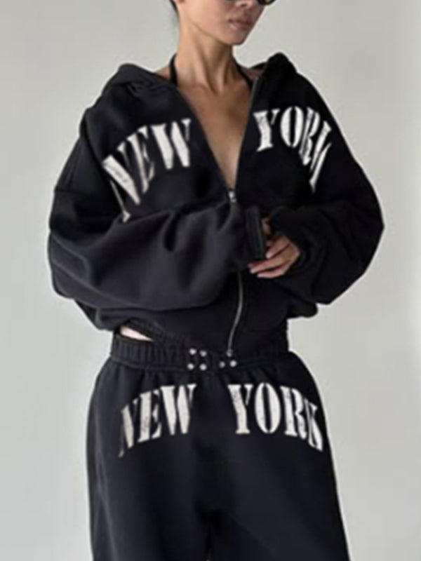 New York Print Zipper Hoodie Sweatshirts