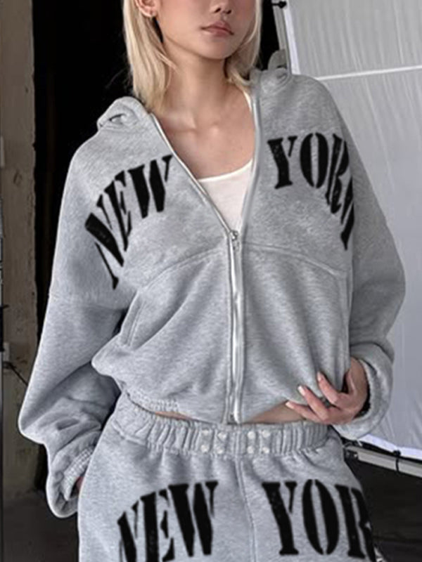 New York Print Zipper Hoodie Sweatshirts