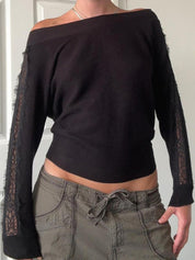 Lace-Trimmed Knit Top Long Sleeve