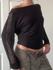 Lace-Trimmed Knit Top Long Sleeve