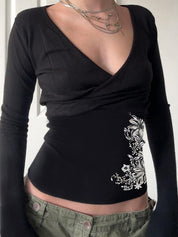 Pleated Print Top Long Sleeve