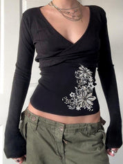 Pleated Print Top Long Sleeve