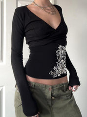 Pleated Print Top Long Sleeve