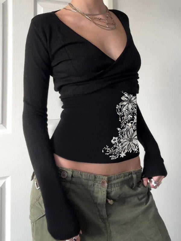 Pleated Print Top Long Sleeve