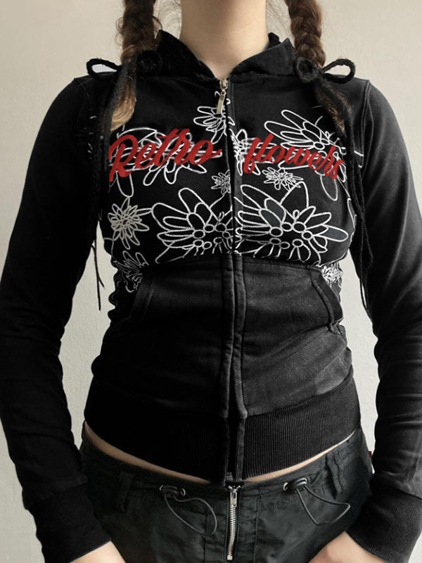 Retro Abstract Print Zipper Hoodie Jacket