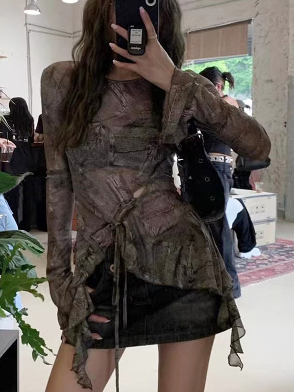 Denim Printed Top Long-Sleeve