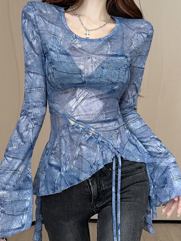 Denim Printed Top Long-Sleeve