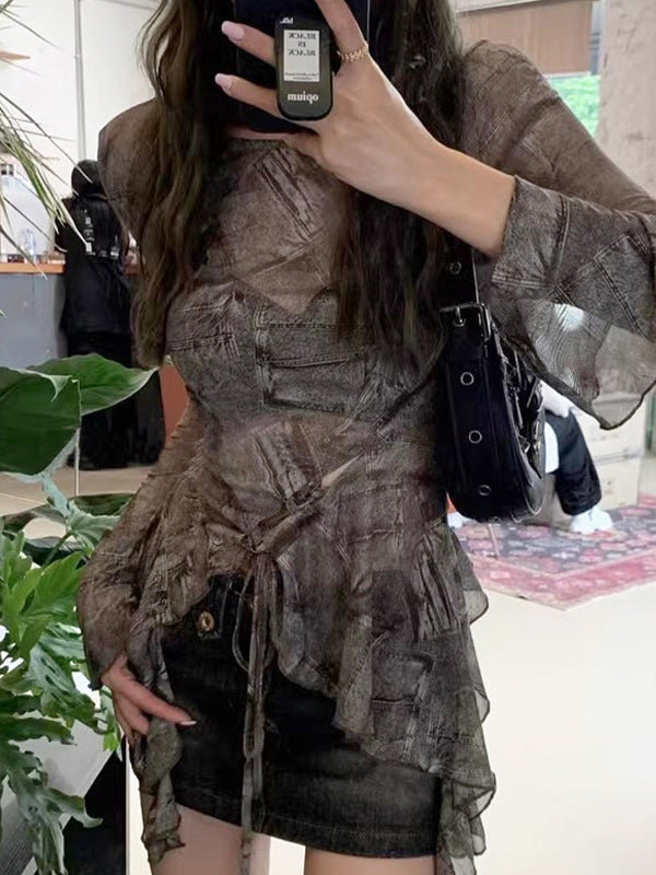 Denim Printed Top Long-Sleeve