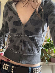 Retro Heart Print Zip-Up Jacket