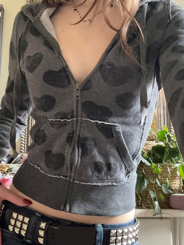 Retro Heart Print Zip-Up Jacket
