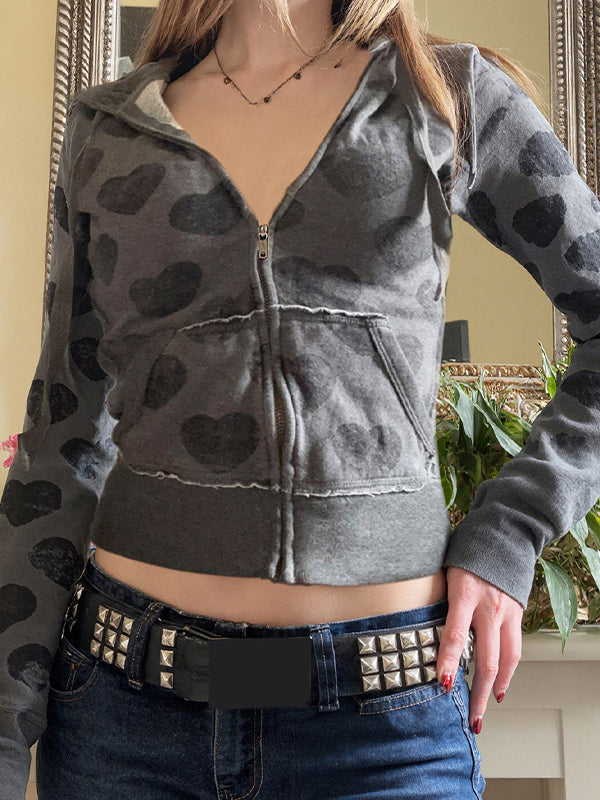 Retro Heart Print Zip-Up Jacket