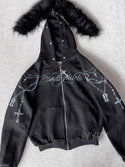 Detachable Fleece Hooded Print Jacket