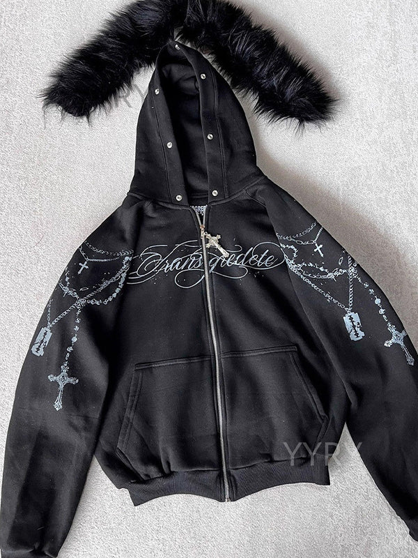 Detachable Fleece Hooded Print Jacket