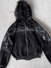 Detachable Fleece Hooded Print Jacket