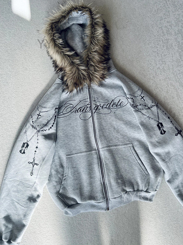 Detachable Fleece Hooded Print Jacket