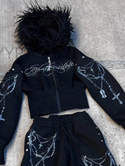 Detachable Fleece Hooded Print Jacket