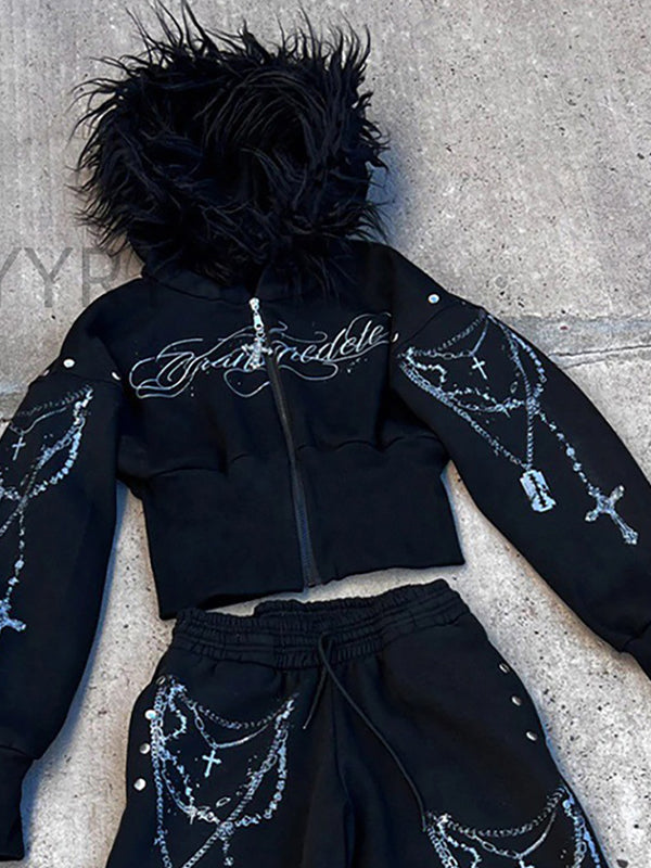 Detachable Fleece Hooded Print Jacket