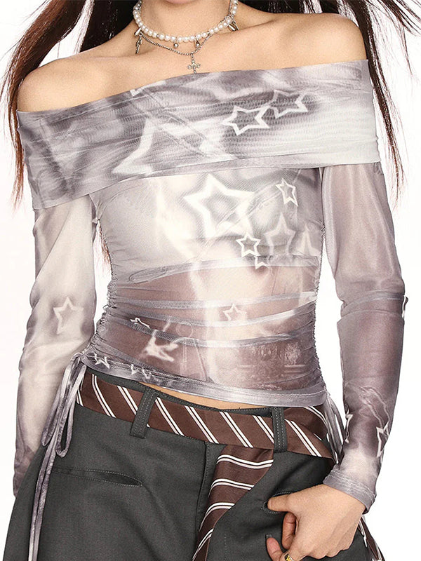 Star-Print Mesh Off-Shoulder Long Sleeve