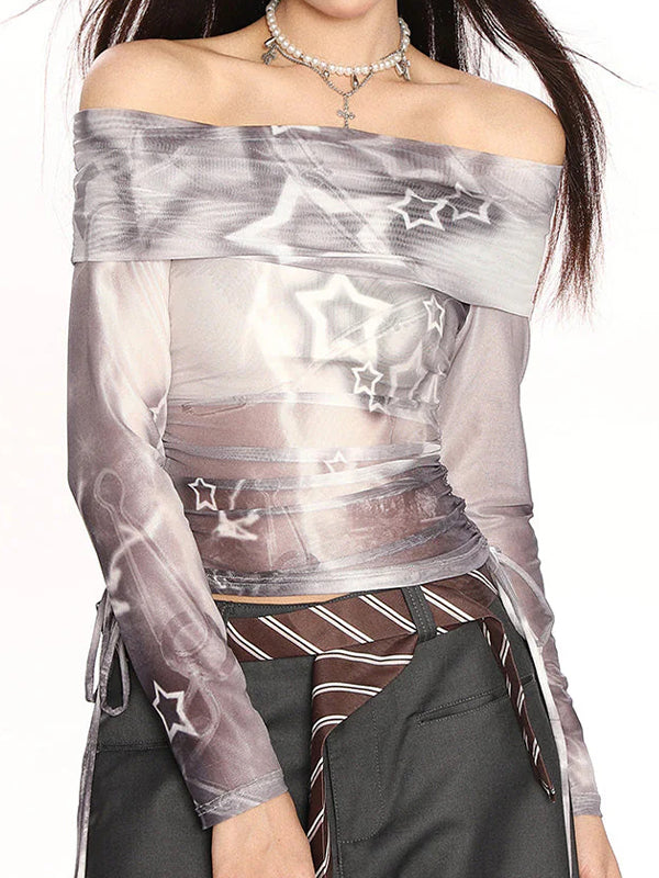 Star-Print Mesh Off-Shoulder Long Sleeve