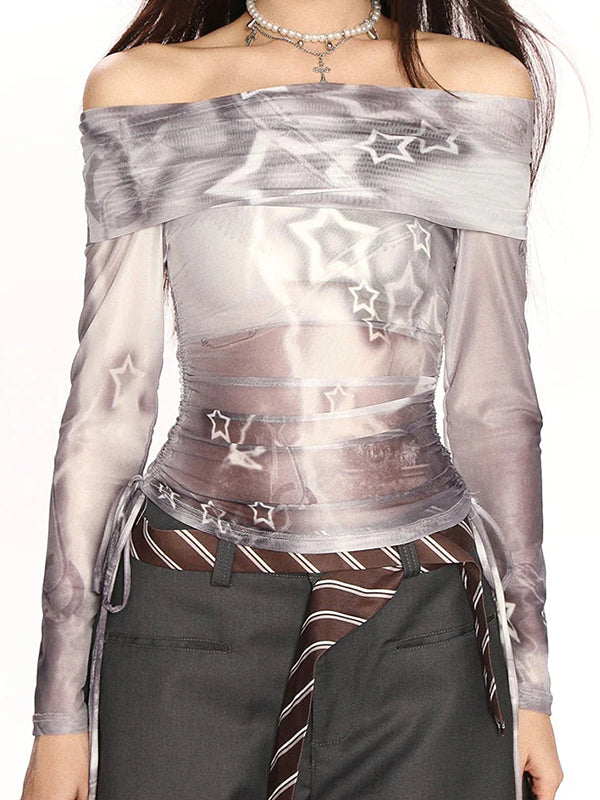 Star-Print Mesh Off-Shoulder Long Sleeve
