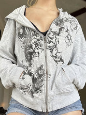 Retro Print Zip Up Hoodie Jacket