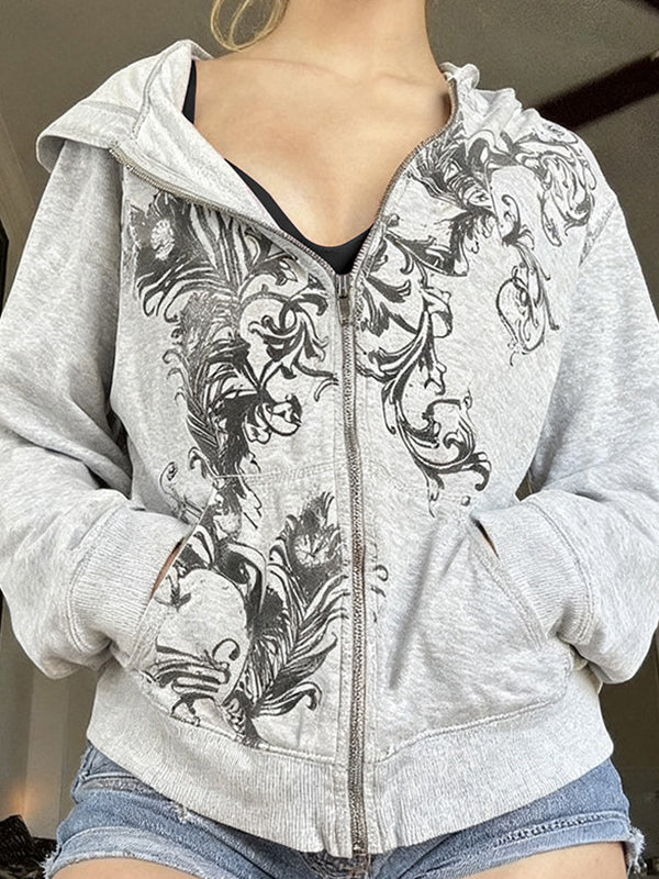 Retro Print Zip Up Hoodie Jacket