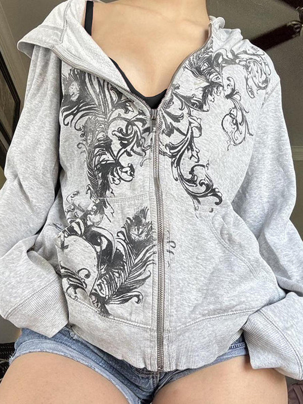 Retro Print Zip Up Hoodie Jacket