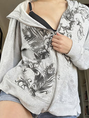 Retro Print Zip Up Hoodie Jacket