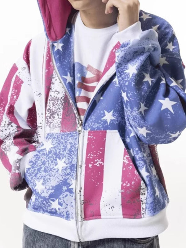 National Flag Retro Print Zip Up Hoodie Jacket