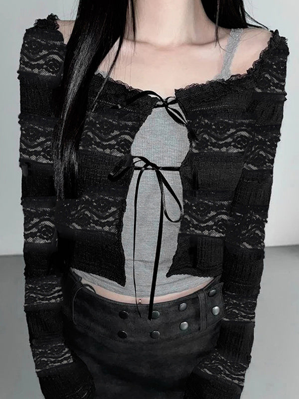 Lace-Trimmed Bow Cardigan