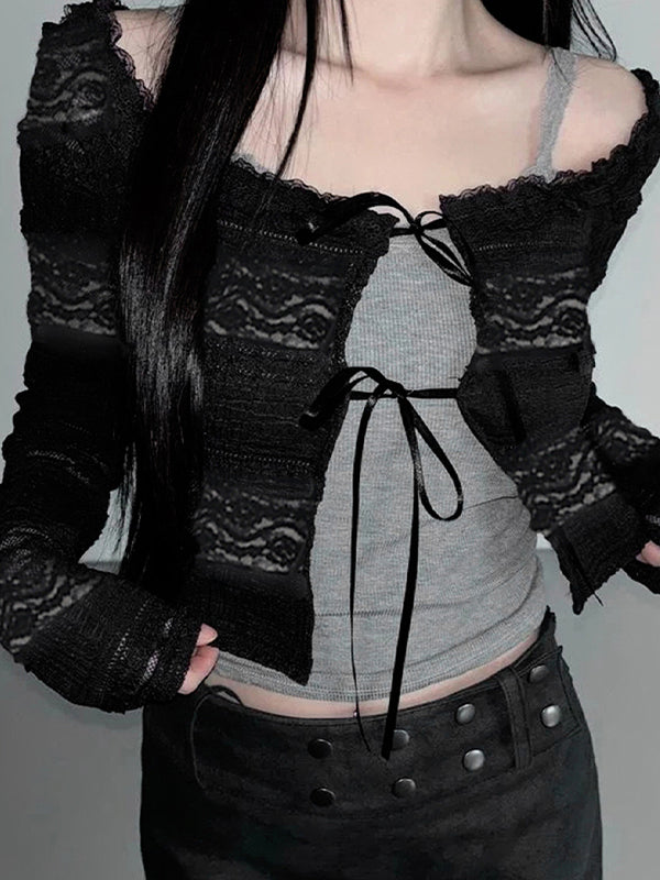 Lace-Trimmed Bow Cardigan