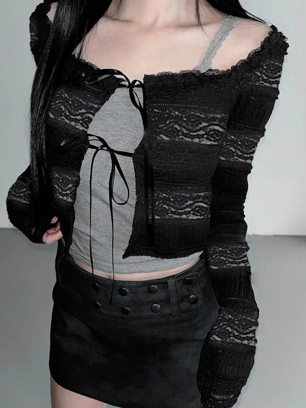 Lace-Trimmed Bow Cardigan