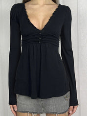 Lace Trim Low-Cut V-Neck Long Sleeve