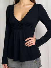 Lace Trim Low-Cut V-Neck Long Sleeve