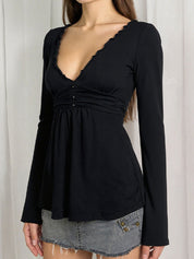 Lace Trim Low-Cut V-Neck Long Sleeve